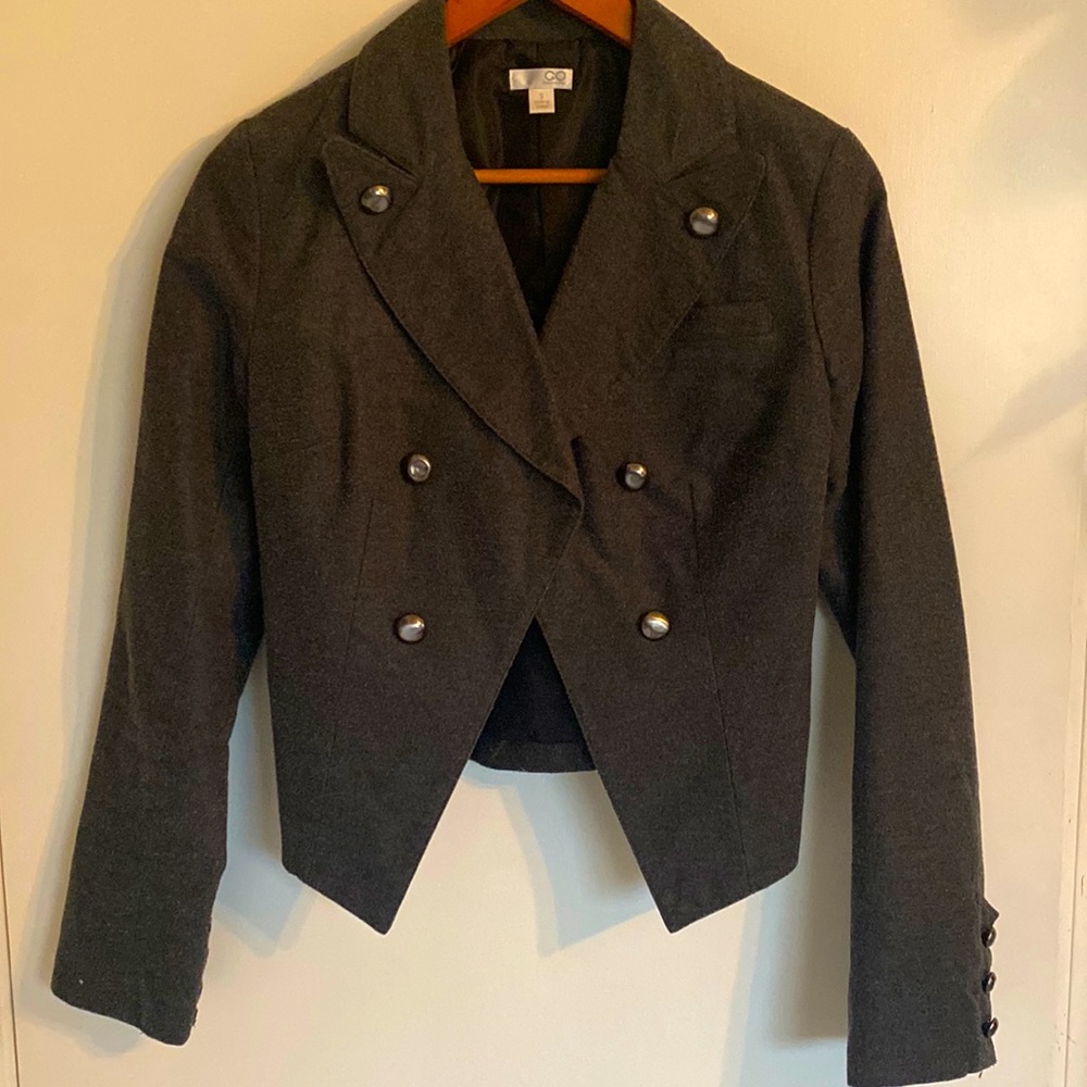 Cotton blend, cropped jacket w/a stylish lapel & oversized metallic grey buttons